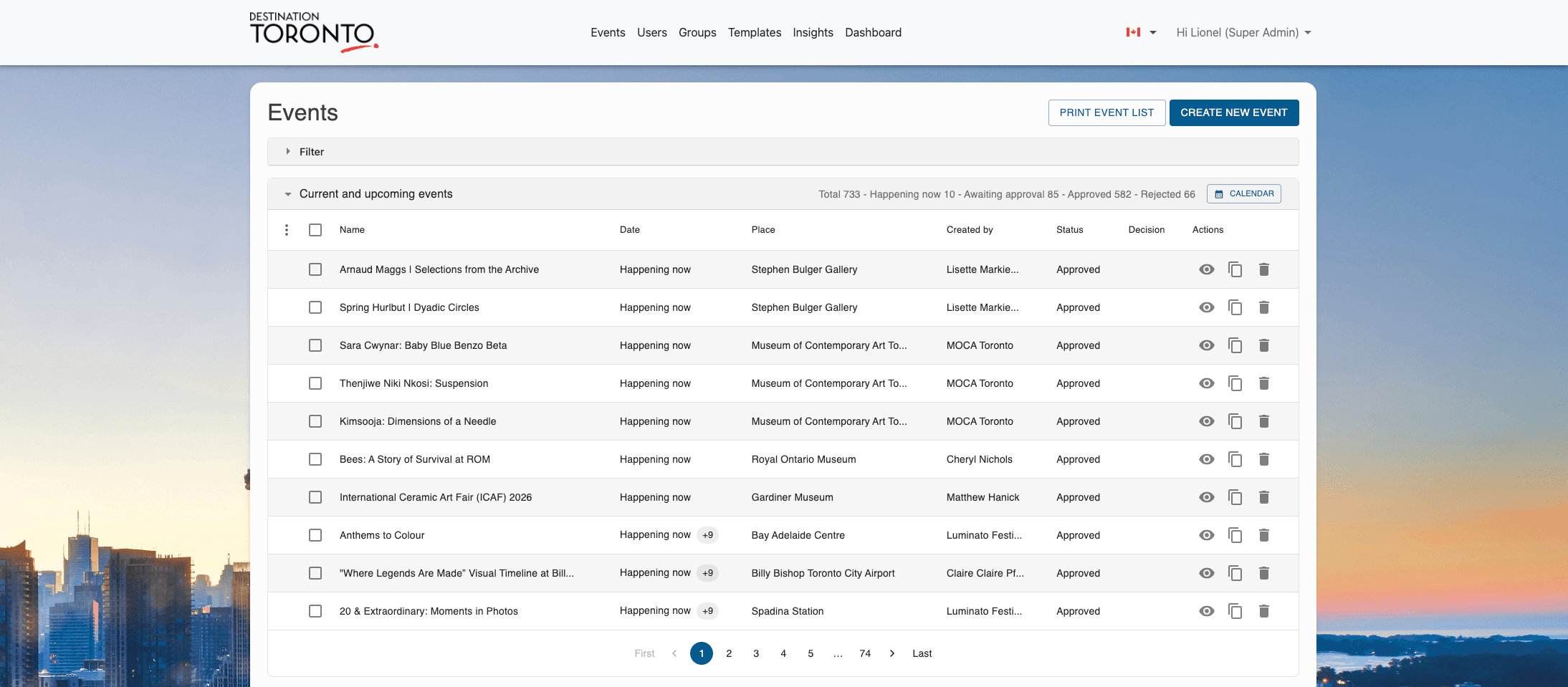 Event manager interface